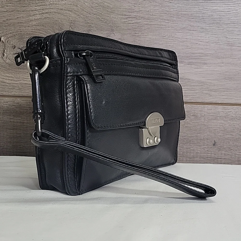 Tumi Black Leather Phone Case with Wristlet